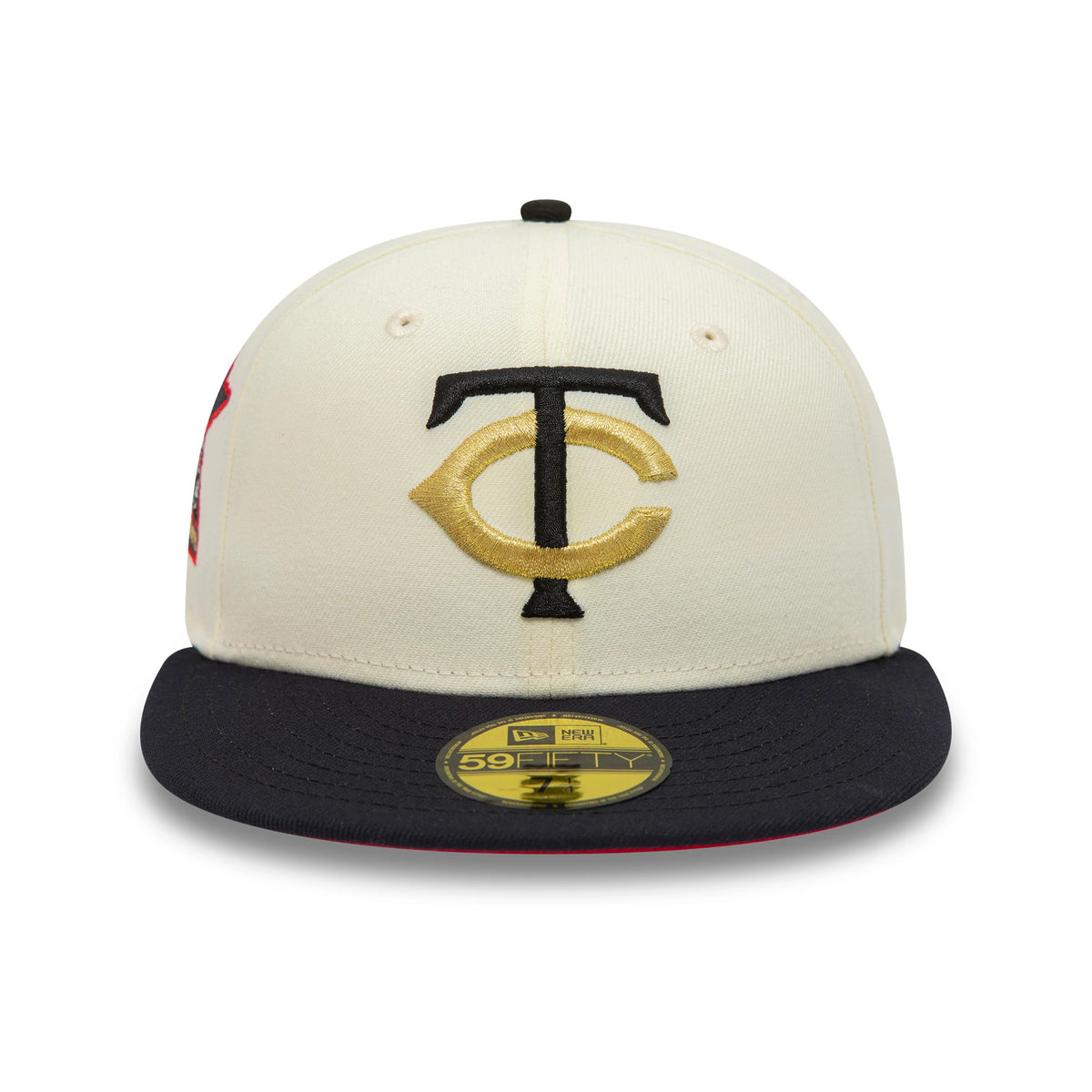 Minnesota Twins MLB White New Era 59FIFTY Fitted Cap, front view showing the black and gold embroidered TC logo on the white structured crown, complemented by a black flat visor with a gold 59FIFTY size sticker on top.