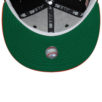 San Francisco Giants MLB Cooperstown Black New Era 59FIFTY Fitted Cap, inside view showing grey taping with repeated 59FIFTY branding, a green undervisor with a central MLB baseball sticker, and a contrasting orange visor edge.