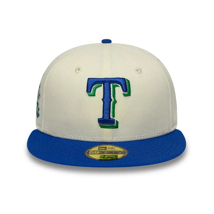 Pictured is this MLB Cooperstown Texas Rangers 59FIFTY Fitted cap in white & blue. 3