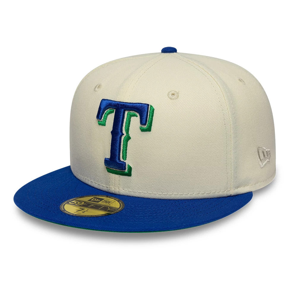 Pictured is this MLB Cooperstown Texas Rangers 59FIFTY Fitted cap in white & blue. 4