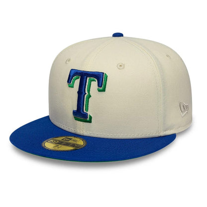 Pictured is this MLB Cooperstown Texas Rangers 59FIFTY Fitted cap in white & blue. 4