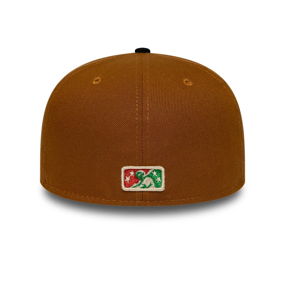 Buffalo Bisons MiLB Hometown Brown New Era 59FIFTY Fitted Cap, rear view showing the multicoloured embroidered MLB Batterman logo at the centre back, with a structured brown crown and black top button and matching eyelets.
