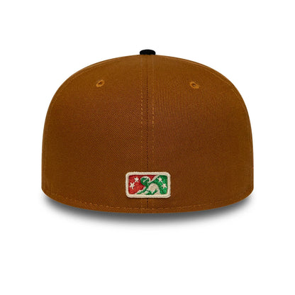 Buffalo Bisons MiLB Hometown Brown New Era 59FIFTY Fitted Cap, rear view showing the multicoloured embroidered MLB Batterman logo at the centre back, with a structured brown crown and black top button and matching eyelets.