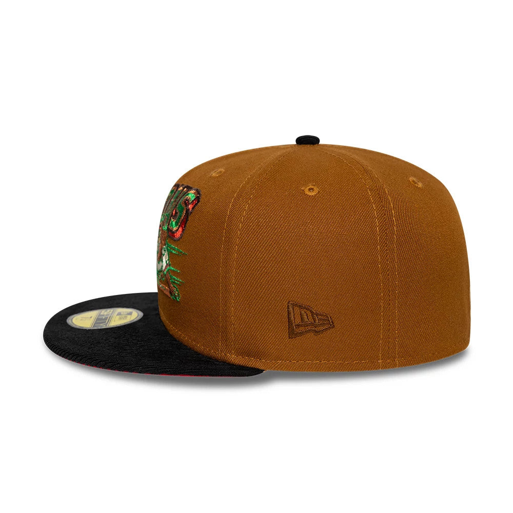 Buffalo Bisons MiLB Hometown Brown New Era 59FIFTY Fitted Cap, side view showing the brown embroidered New Era flag logo on the left side, a structured brown crown with black flat visor, and the 59FIFTY size sticker on the top.