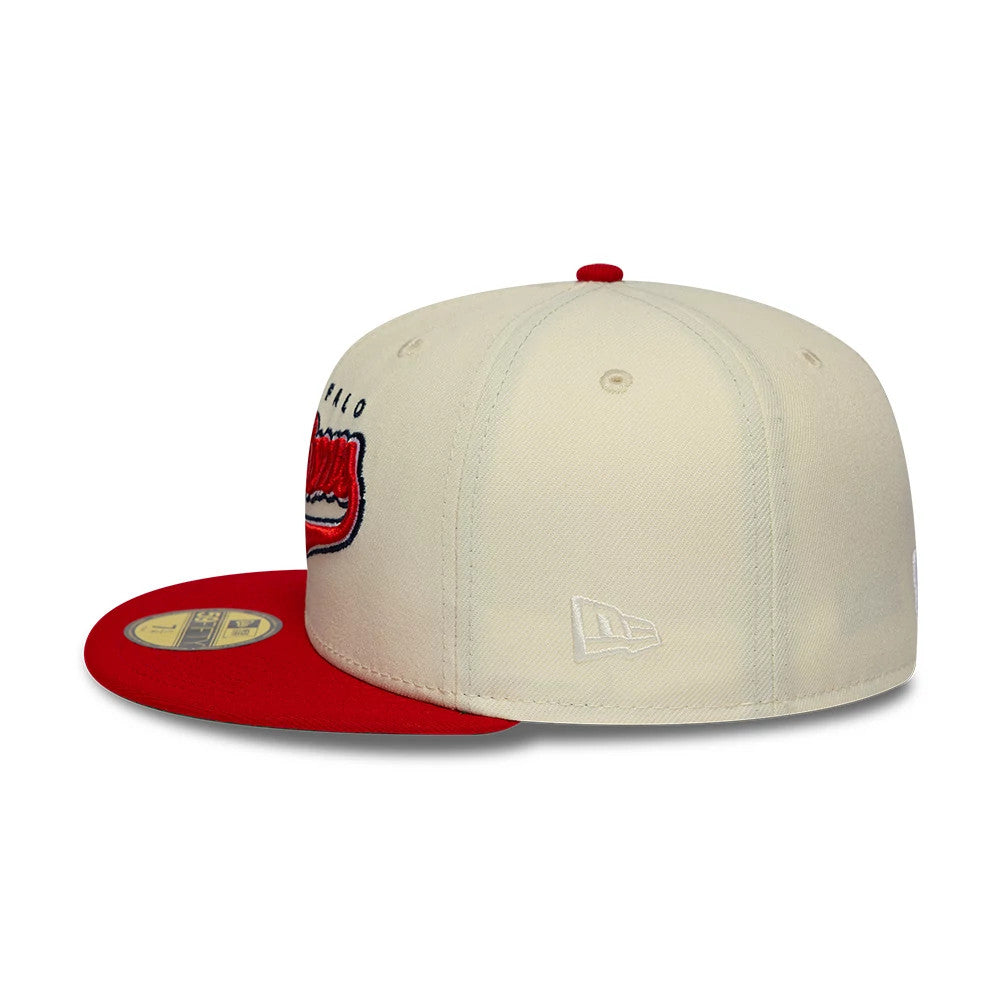 Pictured is this MiLB Hometown Buffalo Bisons 59FIFTY Fitted cap in white & red. 6