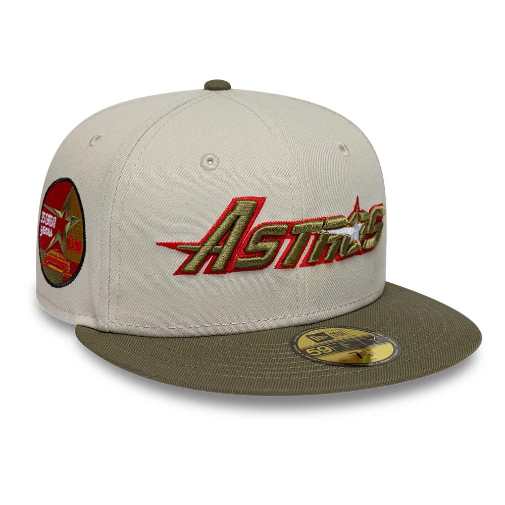 Pictured is this MLB Cooperstown Houston Astros 59FIFTY Fitted cap in beige & green. 1