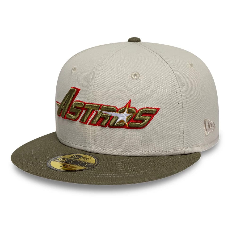 Pictured is this MLB Cooperstown Houston Astros 59FIFTY Fitted cap in beige & green. 4