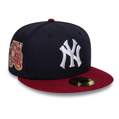 Pictured is this MLB Cooperstown New York Yankees 59FIFTY Fitted cap in navy & dark red. 1