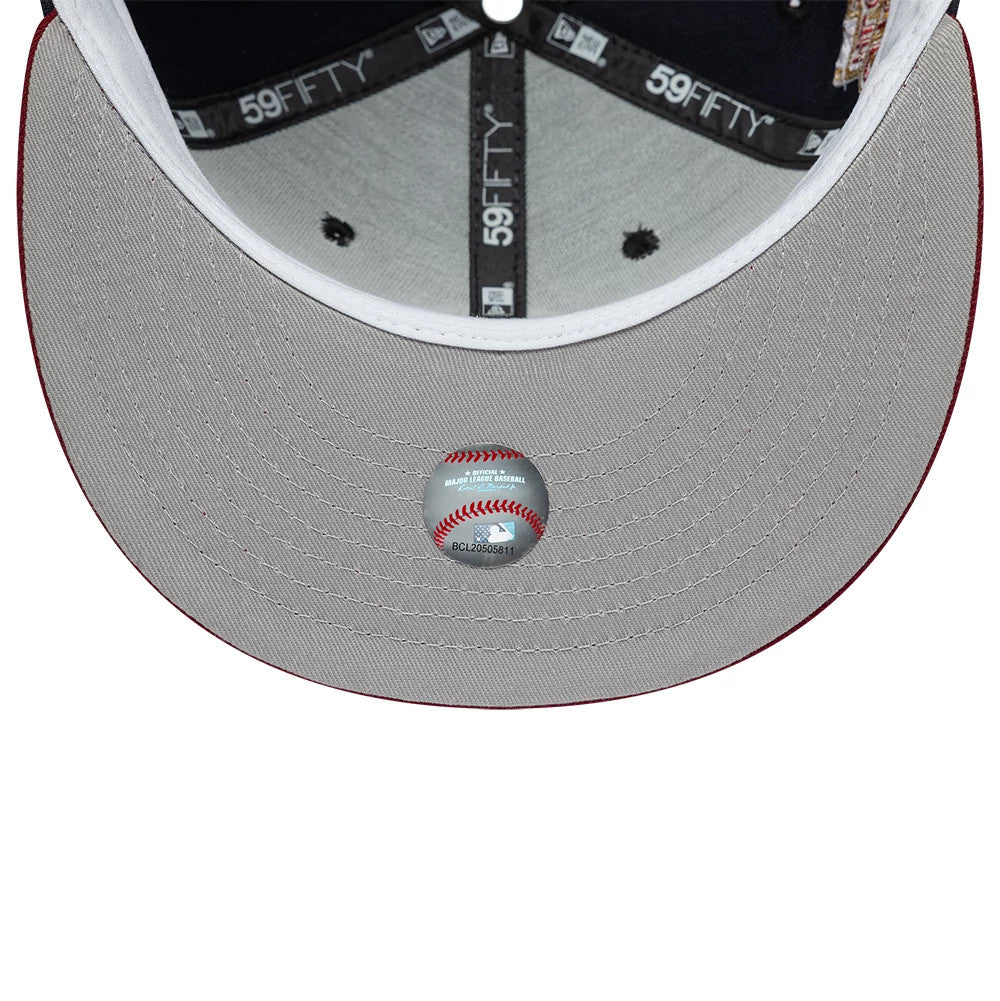 Pictured is this MLB Cooperstown New York Yankees 59FIFTY Fitted cap in navy & dark red. 2
