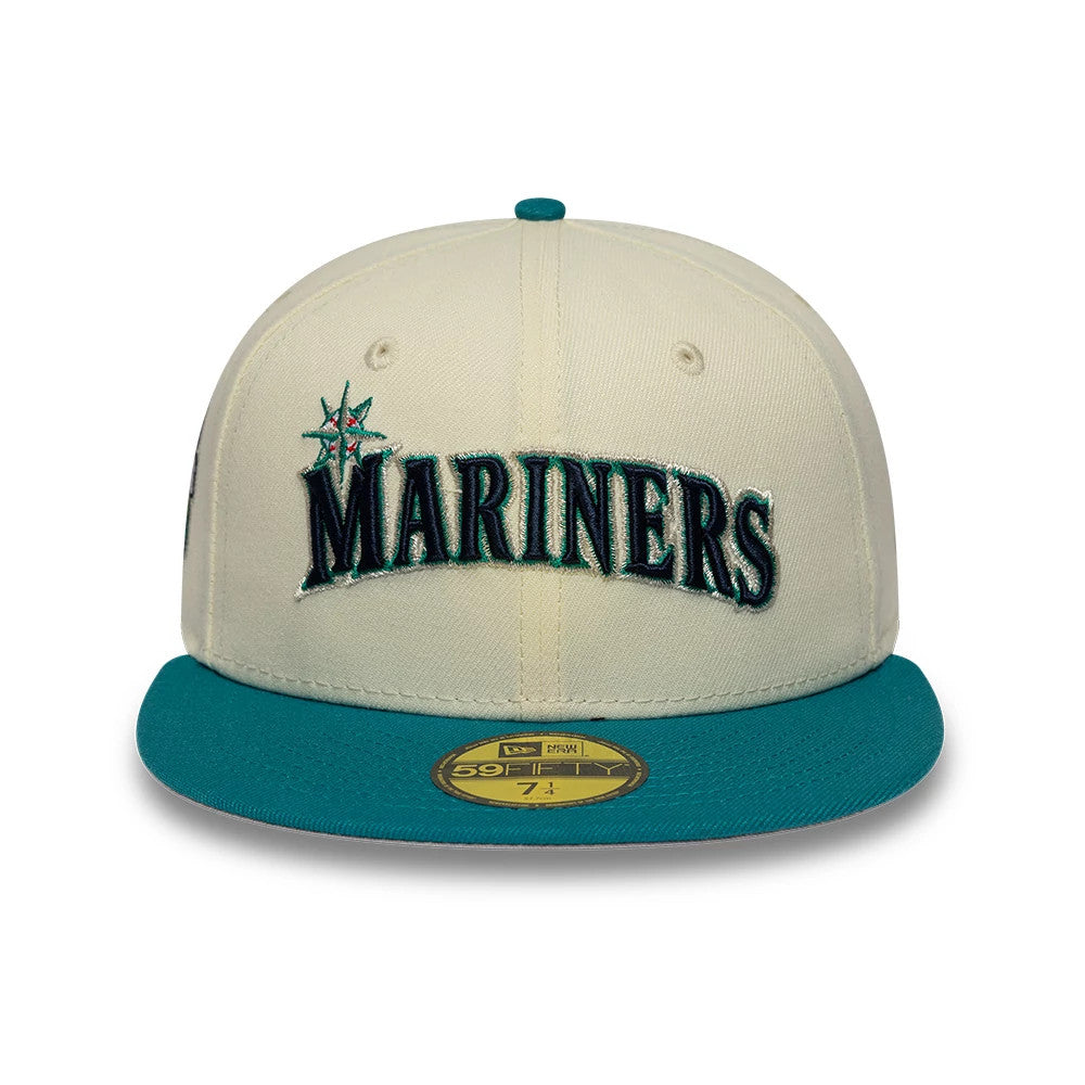 Seattle Mariners MLB Cooperstown White New Era 59FIFTY Fitted Cap, front view showing the teal, white, and silver embroidered Mariners logo with a star design on the front panel, teal flat visor, and gold 59FIFTY size sticker.