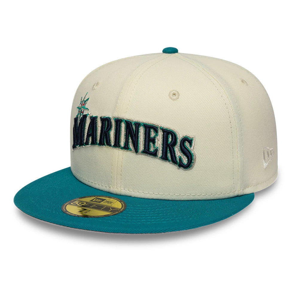 Seattle Mariners MLB Cooperstown White New Era 59FIFTY Fitted Cap, front view showing the teal raised embroidered Mariners logo on the white front panel, a matching teal visor, and a gold 59FIFTY size sticker on the flat visor.