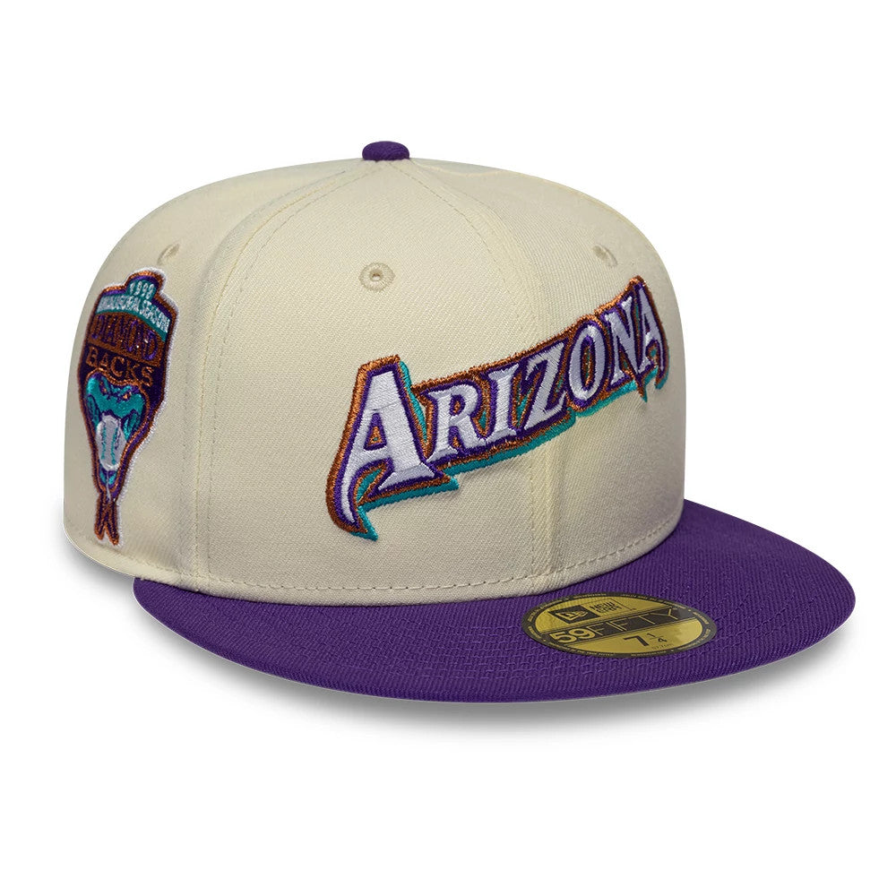 Pictured is this MLB Cooperstown Arizona Diamondbacks 59FIFTY Fitted cap in white. 1