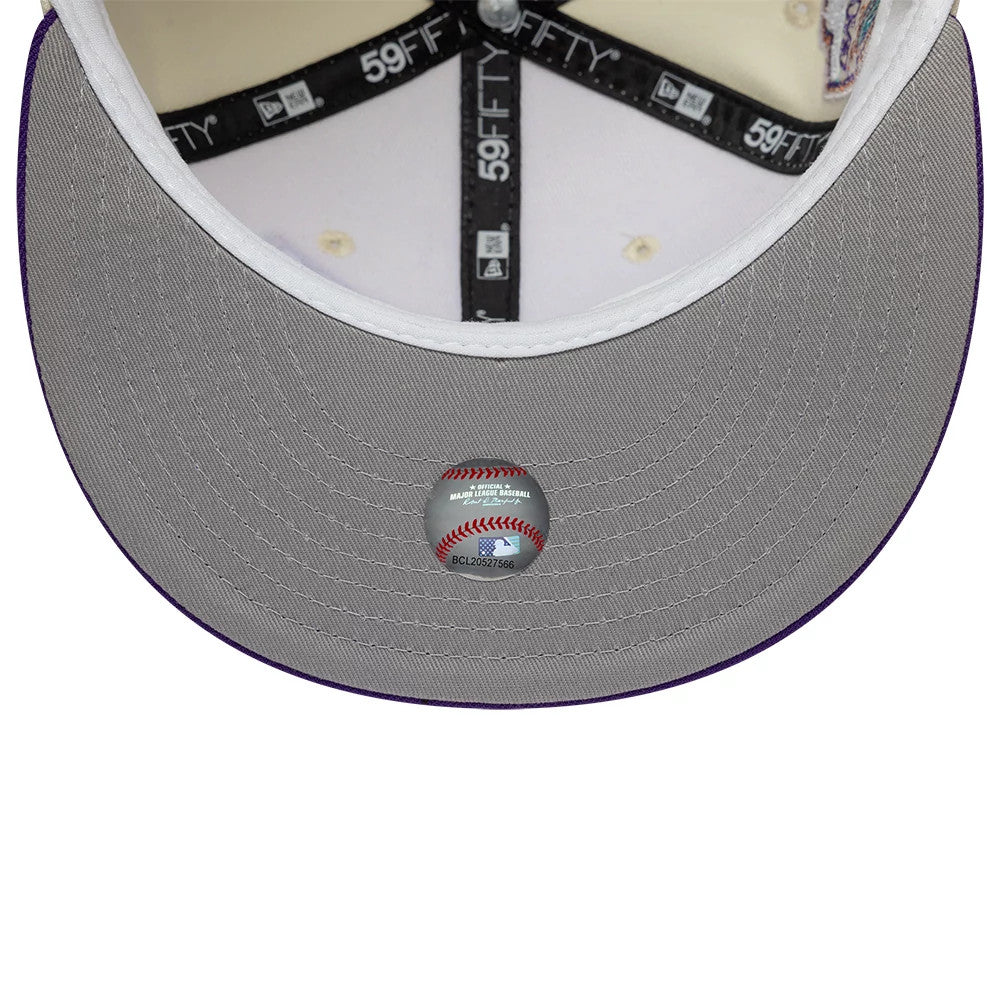 Arizona Diamondbacks MLB Cooperstown White New Era 59FIFTY Fitted Cap, inside view showing the grey undervisor with an MLB Cooperstown Collection sticker, black 59FIFTY taping along the seams, and a white sweatband.