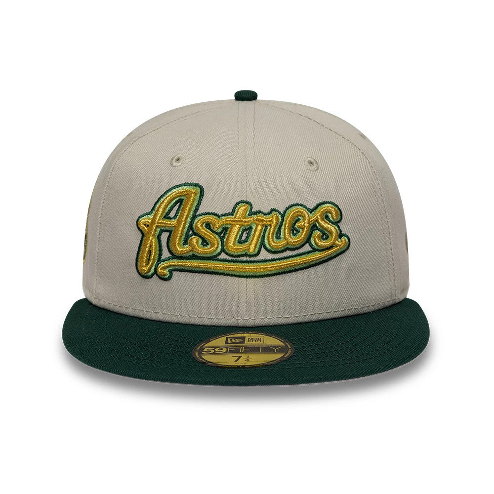 Houston Astros MLB Cooperstown Beige New Era 59FIFTY Fitted Cap, front view showing the yellow and green embroidered Astros script logo on the structured beige crown, with a dark green flat visor and gold 59FIFTY size sticker.