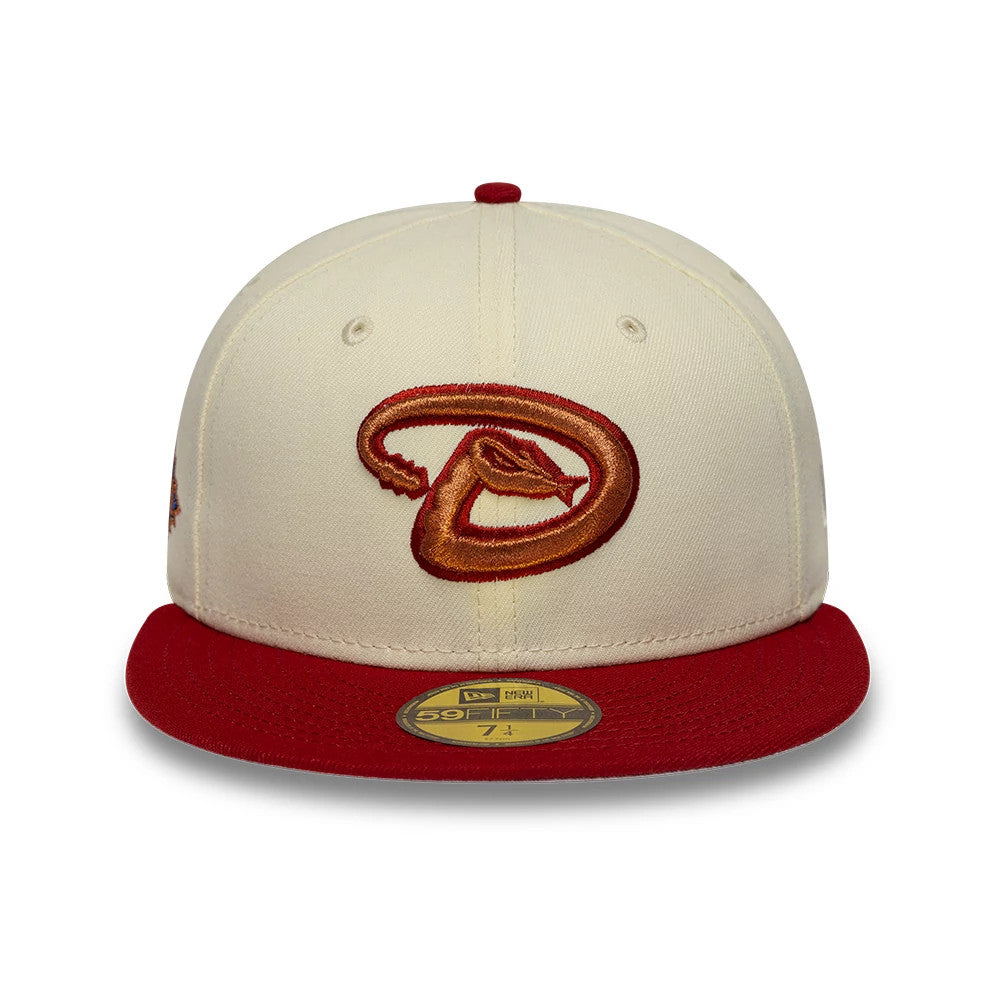 Arizona Diamondbacks MLB Cooperstown White New Era 59FIFTY Fitted Cap, front view showing a red and gold embroidered snake logo on the white front panels, with a contrasting red visor and a gold 59FIFTY size sticker on the visor.