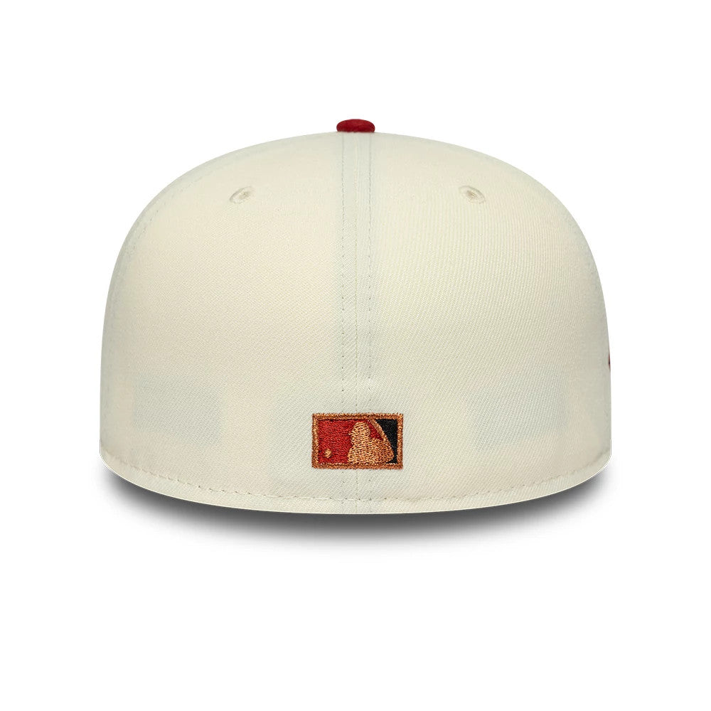 Arizona Diamondbacks MLB Cooperstown White New Era 59FIFTY Fitted Cap, rear view showing the brown embroidered MLB Batterman logo at the centre of the back panels, with a red top button on the structured white crown.