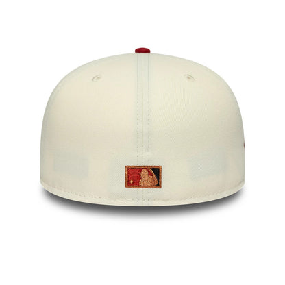 Arizona Diamondbacks MLB Cooperstown White New Era 59FIFTY Fitted Cap, rear view showing the brown embroidered MLB Batterman logo at the centre of the back panels, with a red top button on the structured white crown.