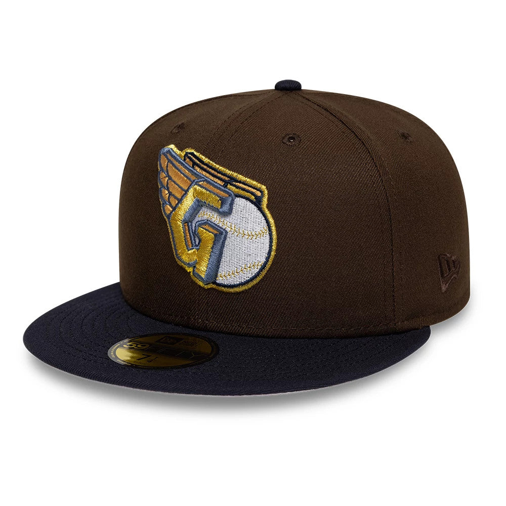 Pictured is this MLB Cooperstown Cleveland Guardians 59FIFTY Fitted cap in dark brown & navy. 4