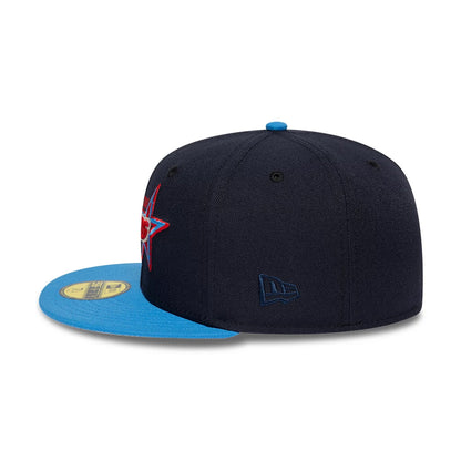 Houston Astros MLB Cooperstown Navy New Era 59FIFTY Fitted Cap, side view showing a embroidered New Era flag logo on the navy crown, a bright blue flat visor, and a gold 59FIFTY size sticker on the top of the visor.