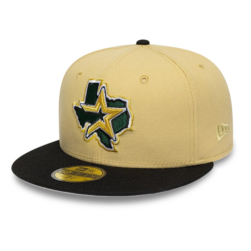 Houston Astros MLB Vegas Gold & Black New Era 59FIFTY Fitted Cap, front view showing the raised embroidered Texas and star logo in green, gold, and black on the vegas gold crown, with a black flat visor and a gold 59FIFTY size sticker.