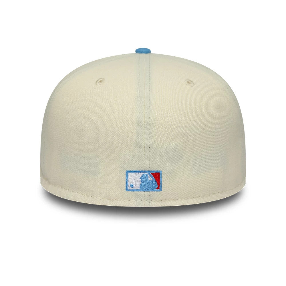 Houston Astros MLB Cooperstown Cream New Era 59FIFTY Fitted Cap, rear view showing the blue and white embroidered MLB Batterman logo centred on the back panels, with a light blue top button and cream-coloured structured crown.
