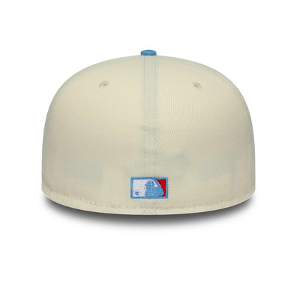 Houston Astros MLB Cooperstown Cream New Era 59FIFTY Fitted Cap, rear view showing the blue and white embroidered MLB Batterman logo centred on the back panels, with a light blue top button and cream-coloured structured crown.