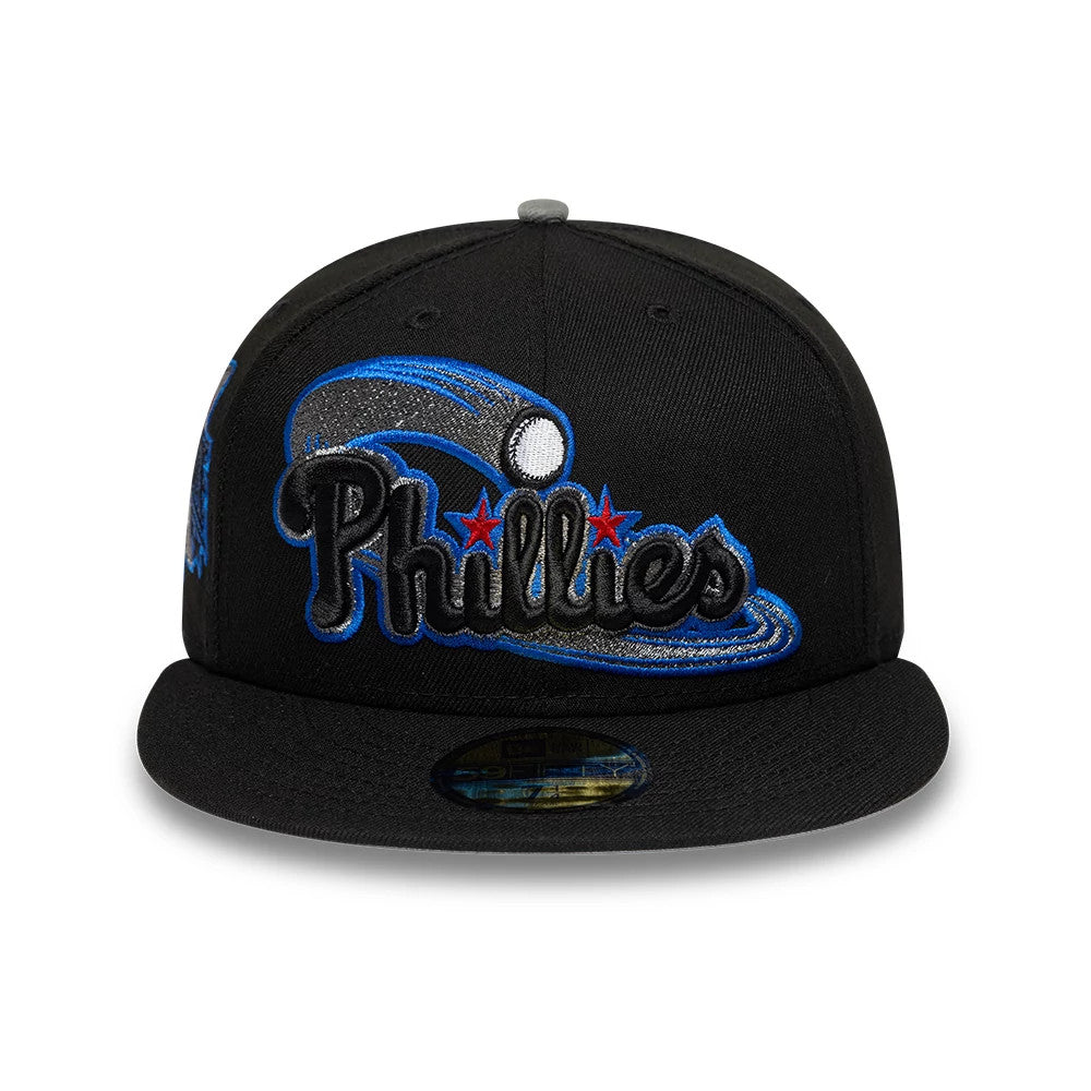 Pictured is this MLB Cooperstown Philadelphia Phillies 59FIFTY Fitted cap in black. 3