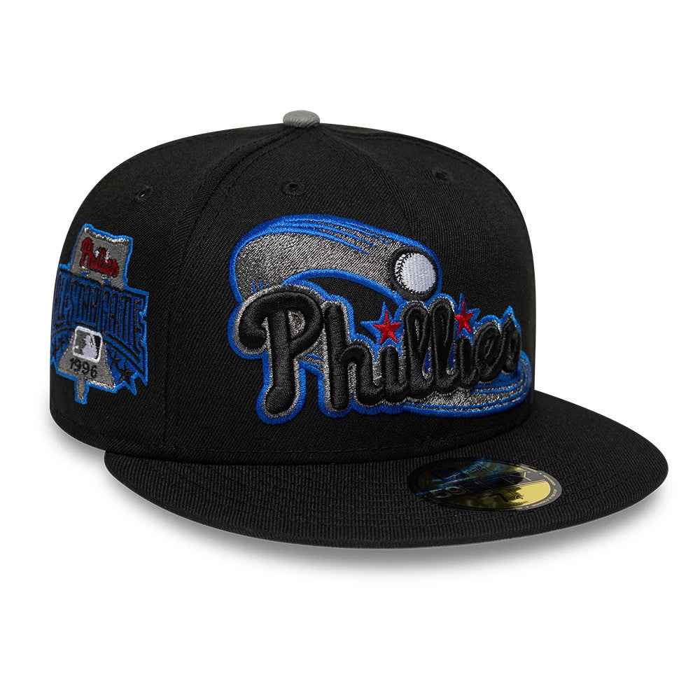 Pictured is this MLB Cooperstown Philadelphia Phillies 59FIFTY Fitted cap in black. 1