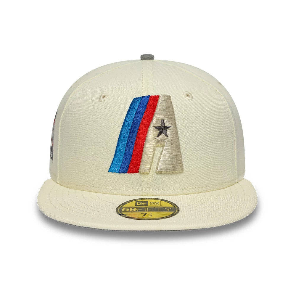 Houston Astros MLB Cooperstown Anniversary White New Era 59FIFTY Fitted Cap, front view showing a textured embroidered A logo in cream, blue, and red with a star detail on the front panel, complemented by a visor with a gold 59FIFTY size sticker.