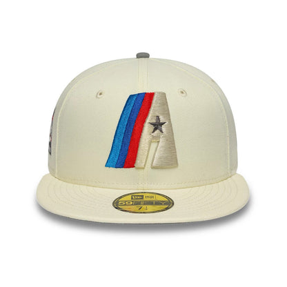 Houston Astros MLB Cooperstown Anniversary White New Era 59FIFTY Fitted Cap, front view showing a textured embroidered A logo in cream, blue, and red with a star detail on the front panel, complemented by a visor with a gold 59FIFTY size sticker.