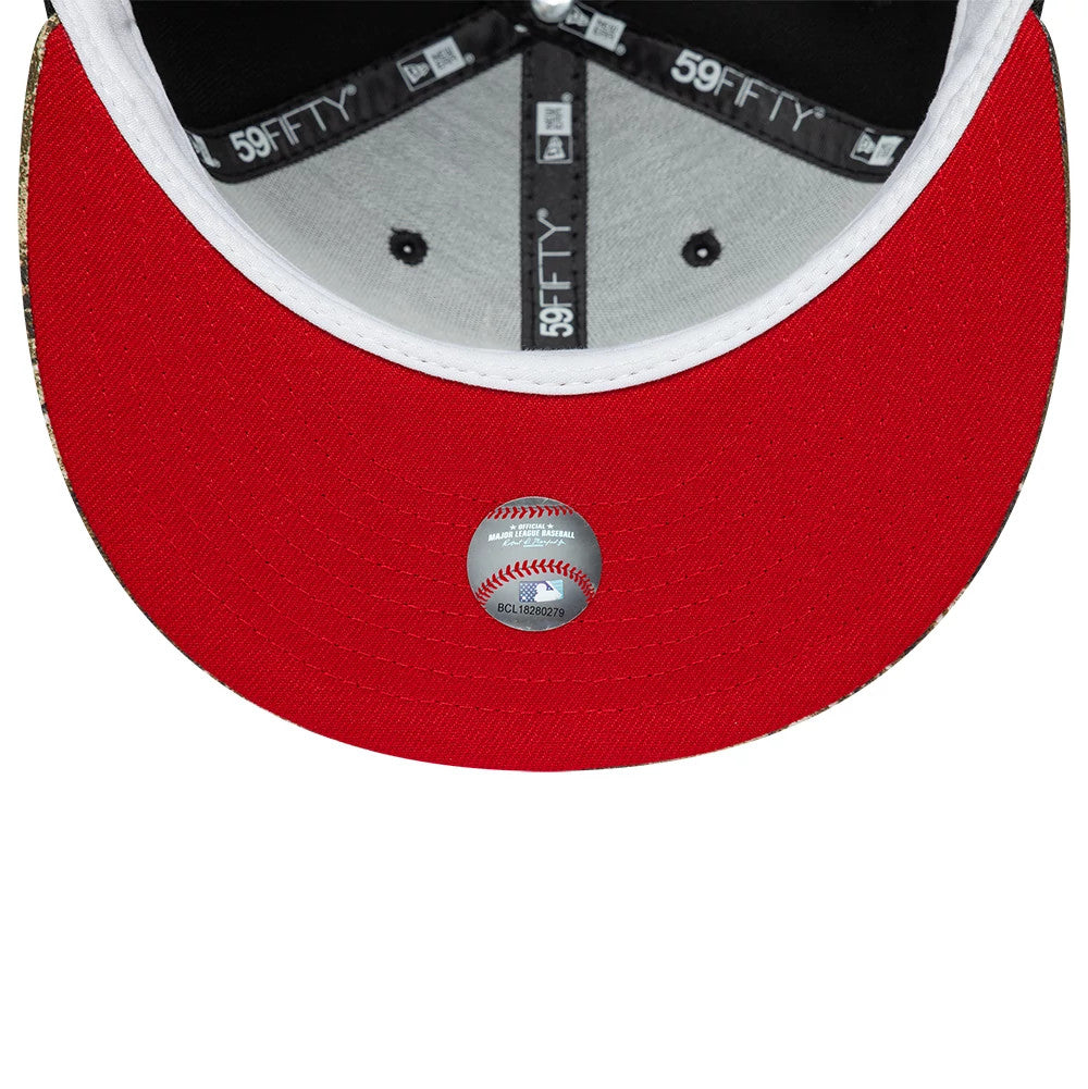 Houston Astros MLB Cooperstown Black New Era 59FIFTY Fitted Cap, inside view featuring a red undervisor, a size sticker with a baseball graphic, and detailed black taping with the 59FIFTY logo running along the grey interior lining.