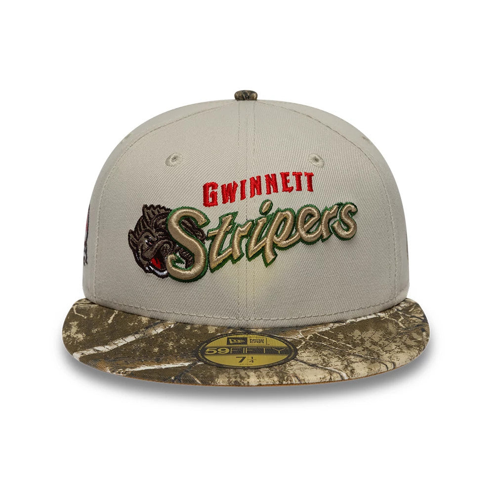 Pictured is this MiLB Hometown Gwinnett Stripers Sidepatch 59FIFTY Fitted cap in Beige. 3