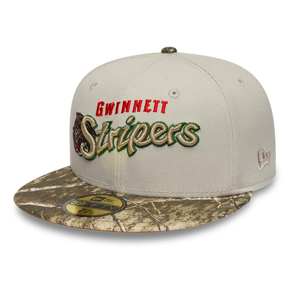 Pictured is this MiLB Hometown Gwinnett Stripers Sidepatch 59FIFTY Fitted cap in Beige. 4