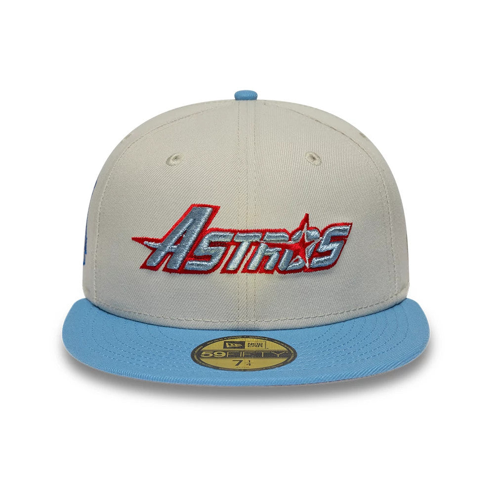 Pictured is this MLB Cooperstown Houston Astros 59FIFTY Fitted cap in beige & blue. 3