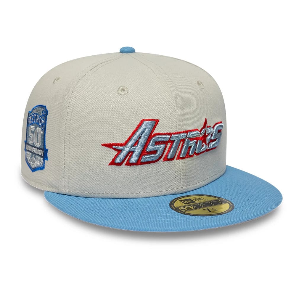 Pictured is this MLB Cooperstown Houston Astros 59FIFTY Fitted cap in beige. 1