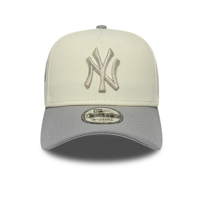 New York Yankees MLB Cooperstown White & Grey New Era 9FORTY A-Frame Cap, front view showing a raised grey NY logo on the white front panel, a curved grey visor, and a 9FORTY size sticker on the top of the visor.