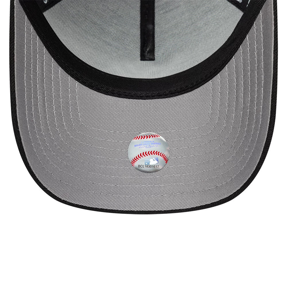 New York Yankees MLB Cooperstown Black New Era 9FORTY A-Frame Cap, inside view showing the grey undervisor with detailed black stitching, a round baseball sticker attached at the centre, and black taping along the seams.