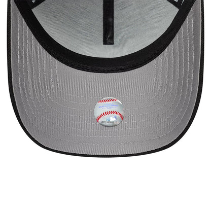 New York Yankees MLB Cooperstown Black New Era 9FORTY A-Frame Cap, inside view showing the grey undervisor with detailed black stitching, a round baseball sticker attached at the centre, and black taping along the seams.