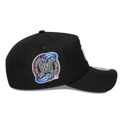 New York Yankees MLB Cooperstown Black New Era 9FORTY A-Frame Cap, side view showing the detailed Subway Series embroidered patch on the mid panel, curved black visor, contoured crown and grey 9FORTY size sticker on the flat part of the visor.
