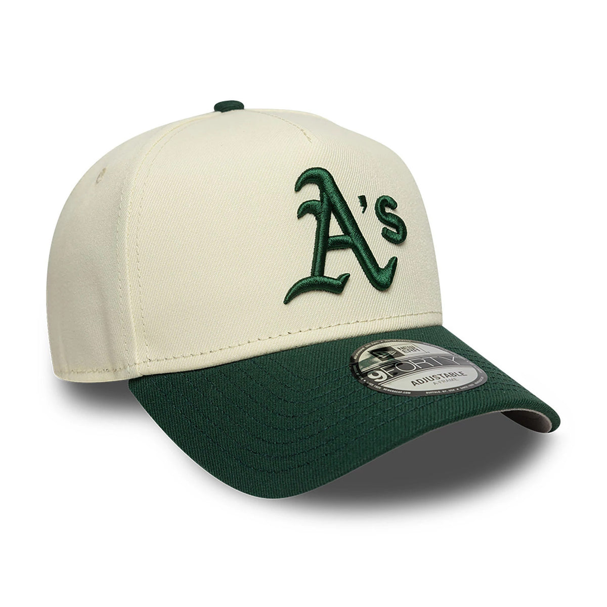 Athletics Chrome White And Dark Green New Era 9FORTY A-Frame Adjustable Cap, three-quarter view showing the dark green embroidered A's logo on the front white panels, contrasted with a matching dark green curved visor and 9FORTY size sticker.