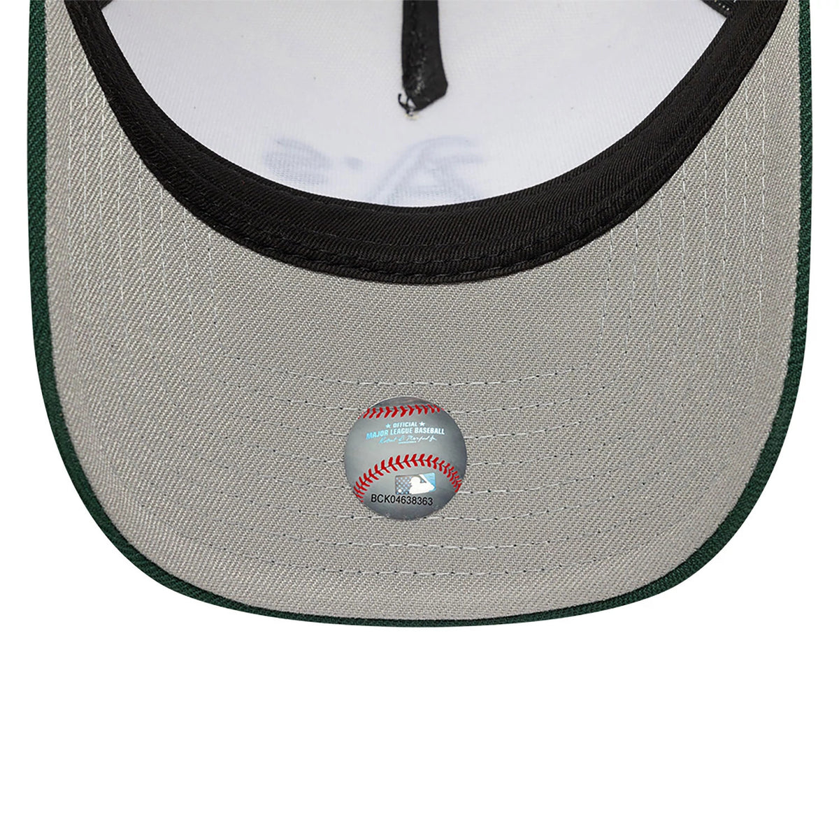 Athletics Chrome White And Dark Green New Era 9FORTY A-Frame Adjustable Cap, inside view showing a white sweatband, green taping and a grey undervisor with a detailed MLB baseball imprint sticker placed centrally.
