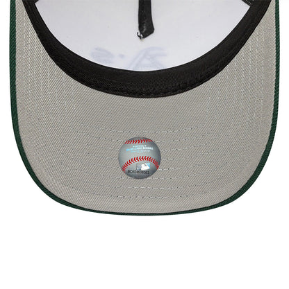 Athletics Chrome White And Dark Green New Era 9FORTY A-Frame Adjustable Cap, inside view showing a white sweatband, green taping and a grey undervisor with a detailed MLB baseball imprint sticker placed centrally.