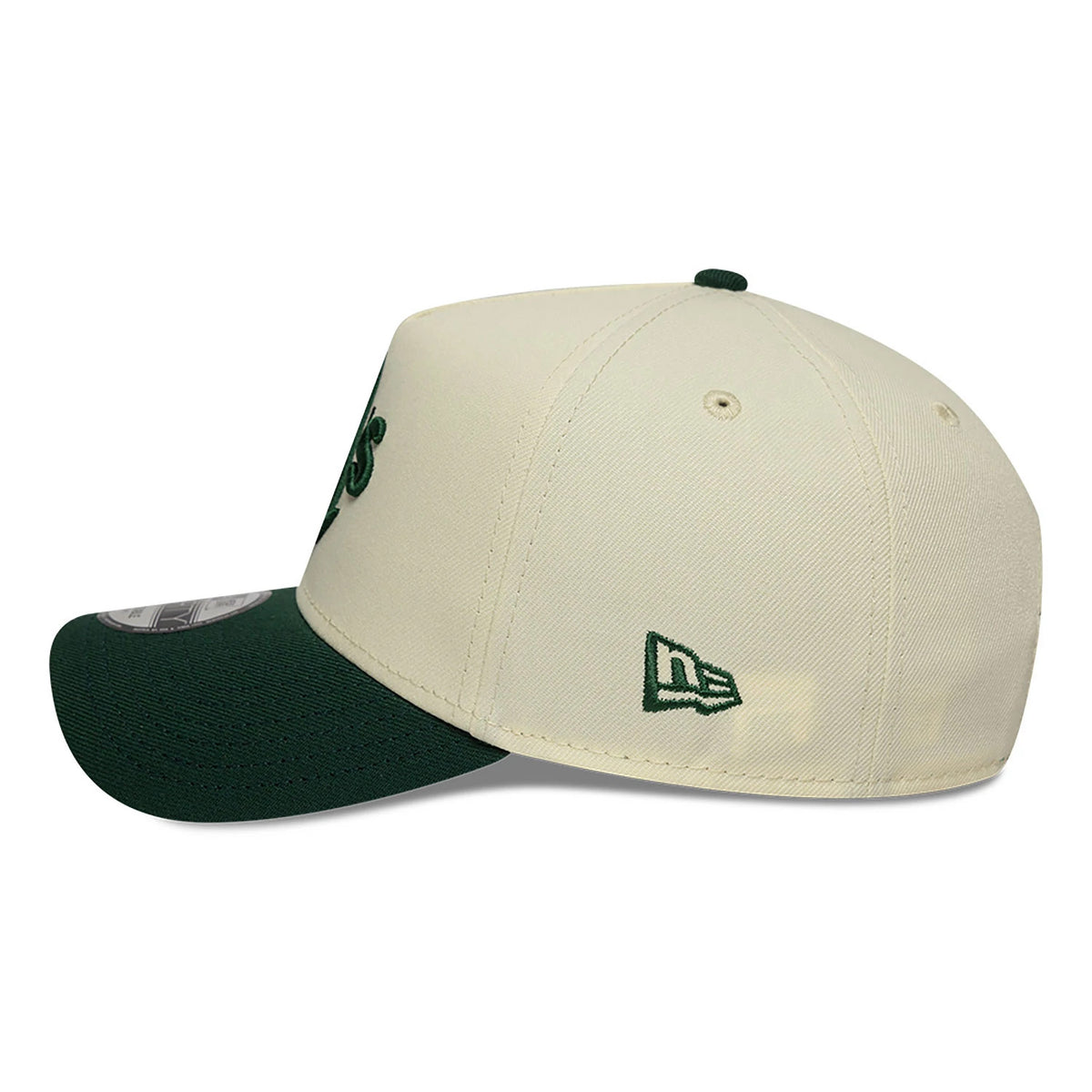 Athletics Chrome White And Dark Green New Era 9FORTY A-Frame Adjustable Cap, side view showing the green embroidered New Era flag logo on the left side, a structured white crown with green eyelets, and a curved dark green visor.