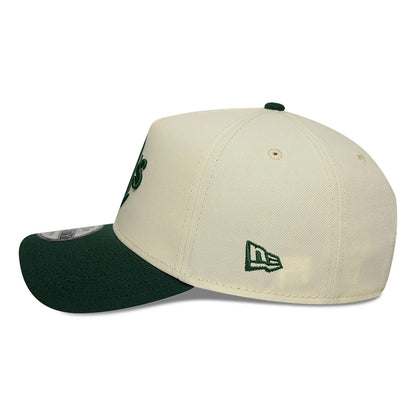 Athletics Chrome White And Dark Green New Era 9FORTY A-Frame Adjustable Cap, side view showing the green embroidered New Era flag logo on the left side, a structured white crown with green eyelets, and a curved dark green visor.