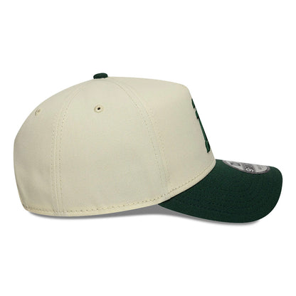 Athletics Chrome White And Dark Green New Era 9FORTY A-Frame Adjustable Cap, side view showing the structured white crown with embroidered eyelets, a dark green visor with a 9FORTY size sticker on top, and a matching dark green top button.