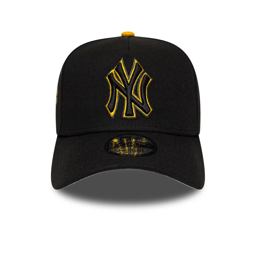 New York Yankees MLB Cooperstown Black New Era 9FORTY A-Frame Cap, front view showing the raised embroidered yellow-outlined NY Yankees logo on the black crown, with a black curved visor and a 9FORTY size sticker on the visor.