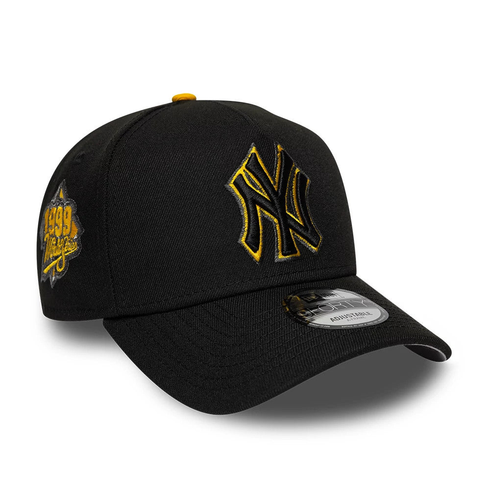 New York Yankees MLB Cooperstown Black New Era 9FORTY A-Frame Cap, three-quarter view showing a black raised embroidered NY logo with yellow outline on the front panel, a 1998 Team Celebration logo on the side.