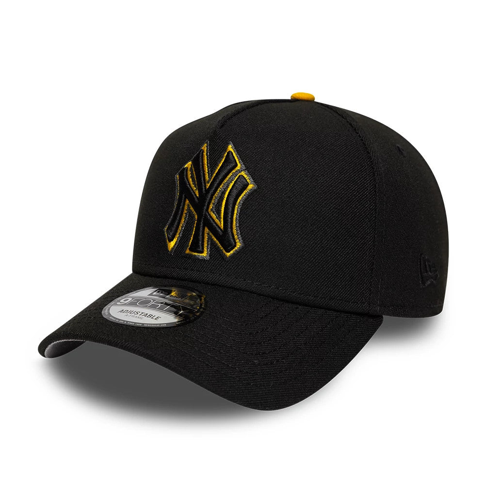 New York Yankees MLB Cooperstown Black New Era 9FORTY A-Frame Cap, three-quarter view showing the raised black and gold embroidered NY logo on the front panel, curved black visor with 9FORTY size sticker, and yellow top button.
