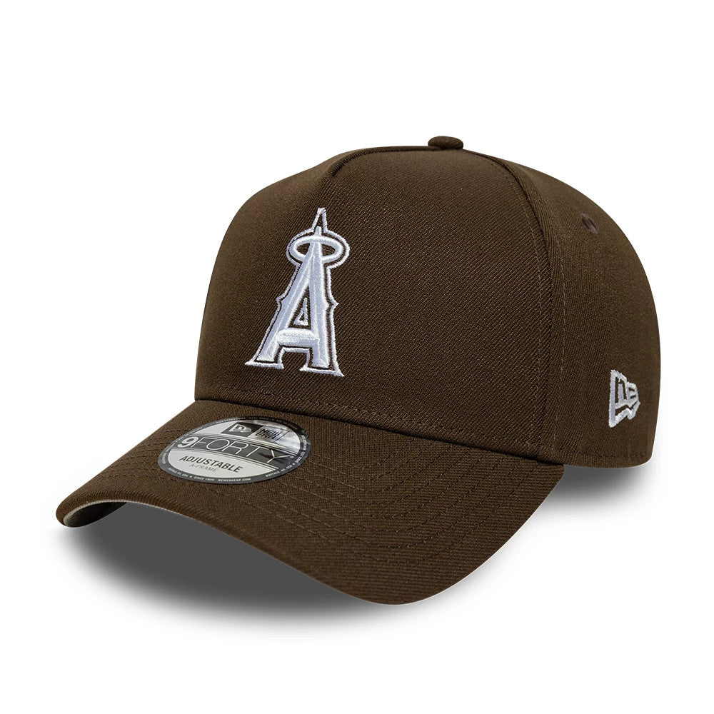 LA Angels MLB Dark Brown New Era 9FORTY A-Frame Adjustable Cap, three-quarter view showing the raised white LA Angels logo embroidered on the front panel, curved brown visor with 9FORTY size sticker, and New Era flag logo on the left side.