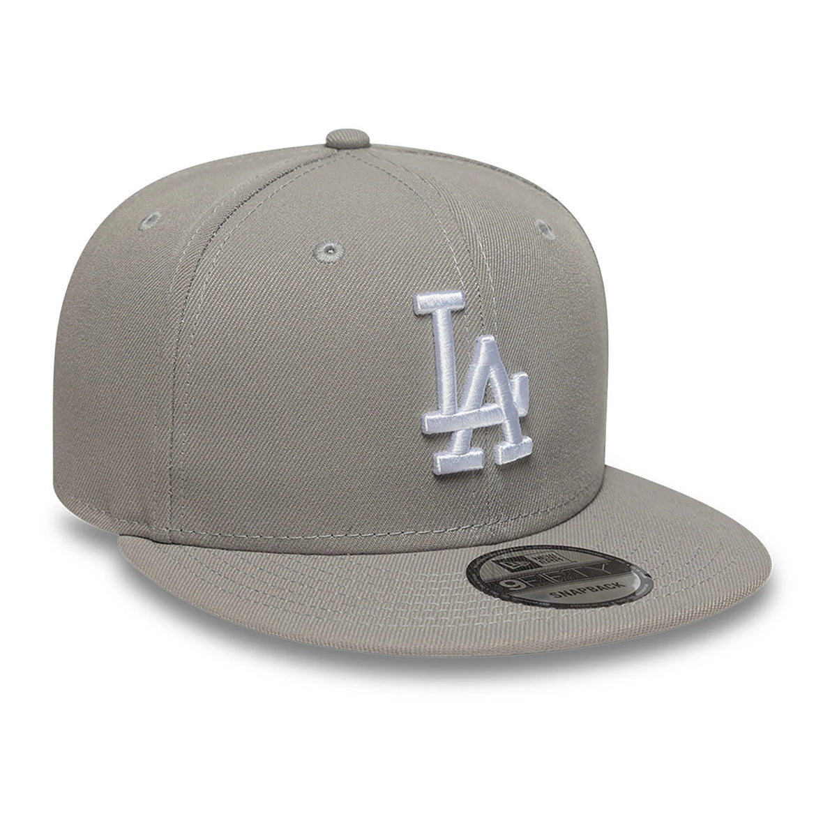 LA Dodgers Essential Pack Grey New Era 9FIFTY Snapback Adjustable Cap, three-quarter view showing the white raised embroidered LA logo on the front panel, a grey flat visor, and the 9FIFTY size sticker on the visor.
